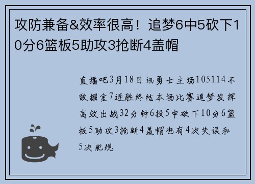 攻防兼备&效率很高!追梦6中5砍下10分6篮板5助攻3抢断4盖帽